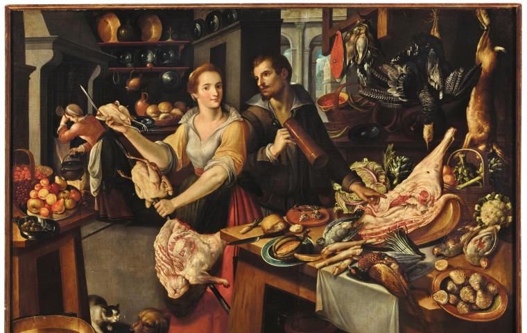 Een schilderij met twee figuren in een goed gevulde keuken.