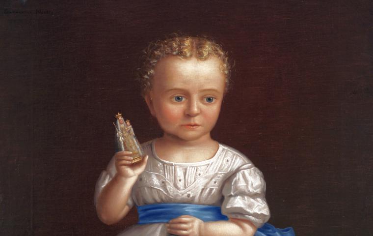 Schilderij van klein meisje in witte jurk die een miniatuur torentje vast heeft.