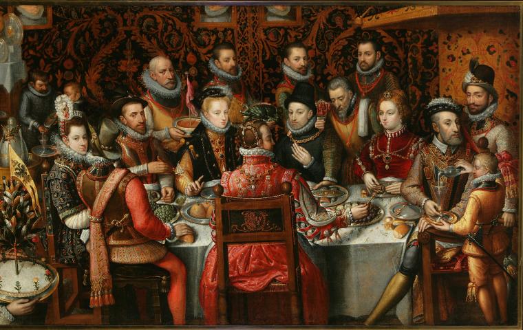 Een schilderij van een groep rijkelijk geklede mensen aan een feestbanket.