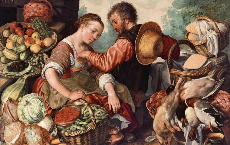 Een schilderij van twee figuren omringd door manden met groenten, fruit, brood en geslachte dieren.