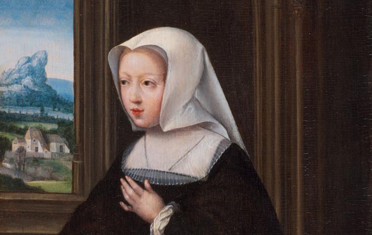 Portrait d'une femme vêtue de noir et portant un bonnet blanc.