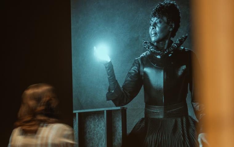 Een bezoeker wandelt langs een grote projectie van een vrouw in historische kledij.
