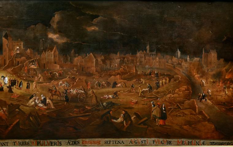 Tableau représentant une ville en feu et dévastée.
