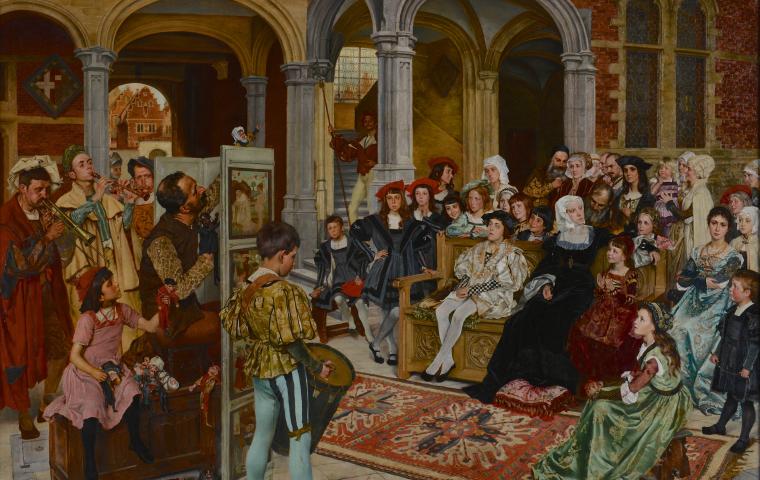Schilderij van handpoppen voorstelling met een Bourgondisch publiek.