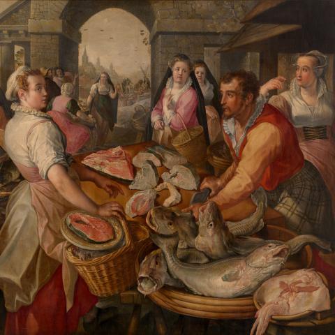 Une scène de marché avec des personnages portant des paniers remplis de poissons.