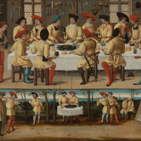 Un tableau représentant des personnages vêtus de manteaux jaunes, assis autour d'une grande table.