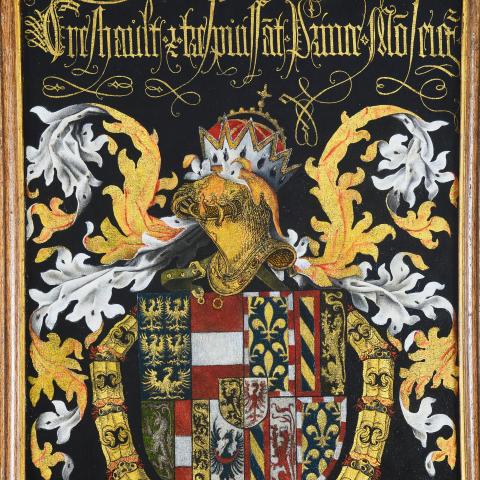 Een wapenbord met ridderhelm en kroon.