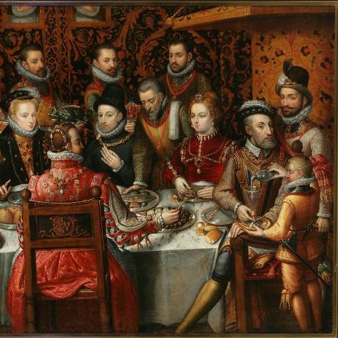 Een schilderij van een groep rijkelijk geklede mensen aan een feestbanket.