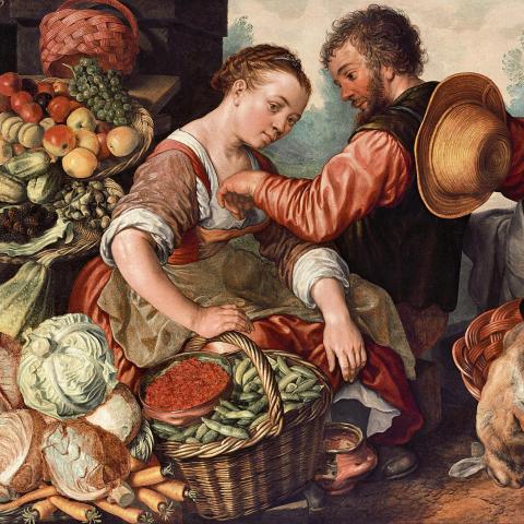 A painting of two figures surrounded by baskets full of vegetables, fruit, bread and slaughtered animals.
